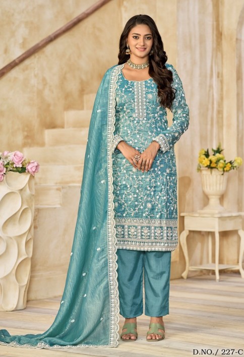 Crush Straight Suit with Embroidered Work in Aqua Blue for Ceremonial